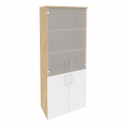 Шкаф высокий широкий 2 низких фасада ЛДСП + 2 средних фасада стекло Рива ONIX O.ST-1.2 Тиквуд Светлый/Белый